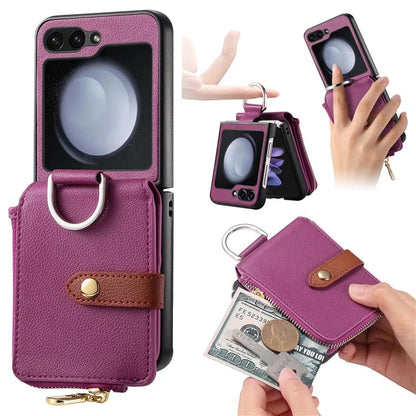 For Samsung Galaxy Z Flip6 5G Case Zipper Pocket Leather+PC Phone Cover with Ring Holder