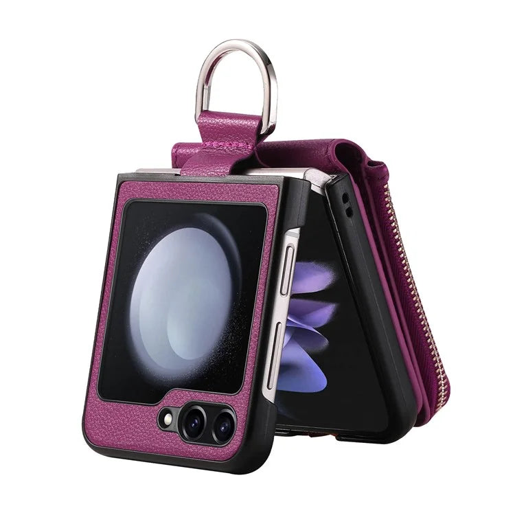 For Samsung Galaxy Z Flip6 5G Case Zipper Pocket Leather+PC Phone Cover with Ring Holder