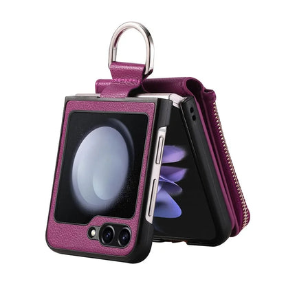 For Samsung Galaxy Z Flip6 5G Case Zipper Pocket Leather+PC Phone Cover with Ring Holder