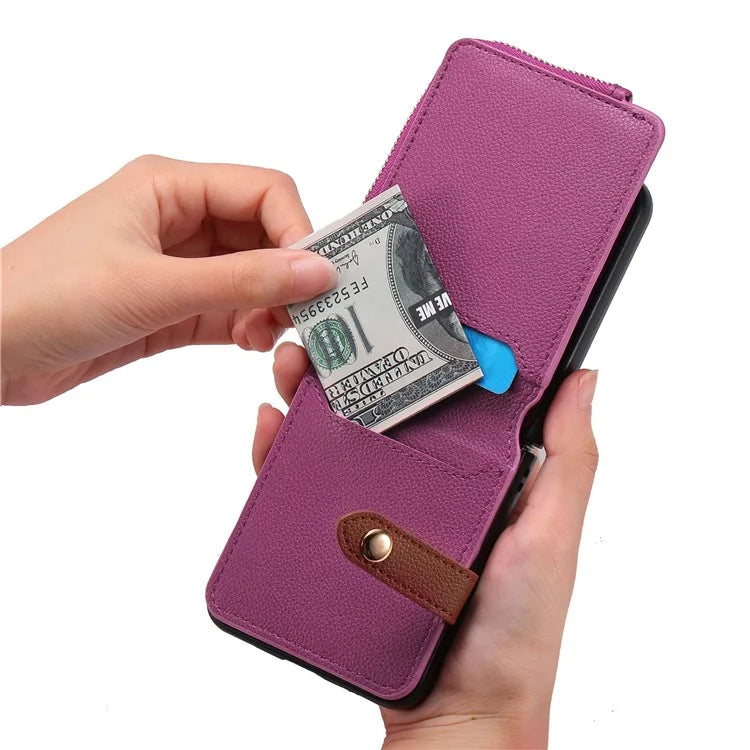 For Samsung Galaxy Z Flip6 5G Case Zipper Pocket Leather+PC Phone Cover with Ring Holder