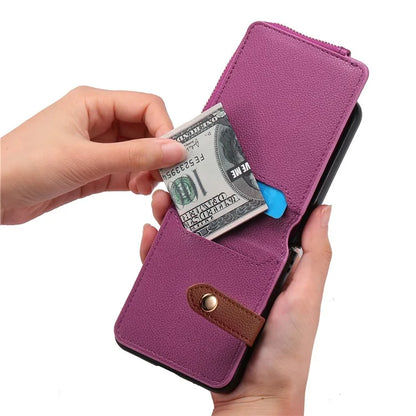For Samsung Galaxy Z Flip6 5G Case Zipper Pocket Leather+PC Phone Cover with Ring Holder