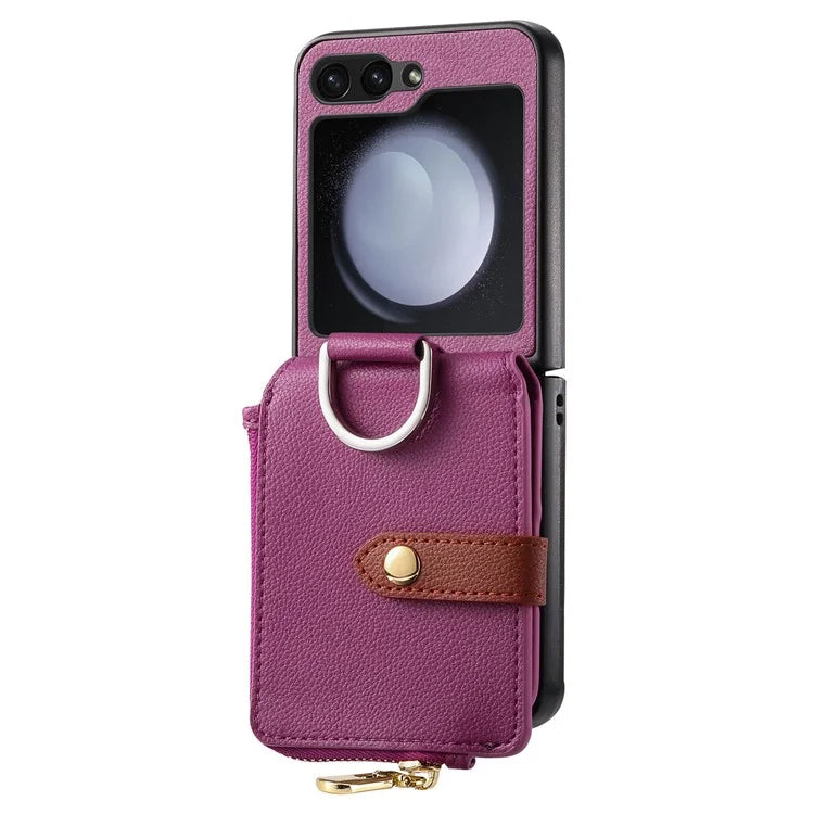 For Samsung Galaxy Z Flip6 5G Case Zipper Pocket Leather+PC Phone Cover with Ring Holder