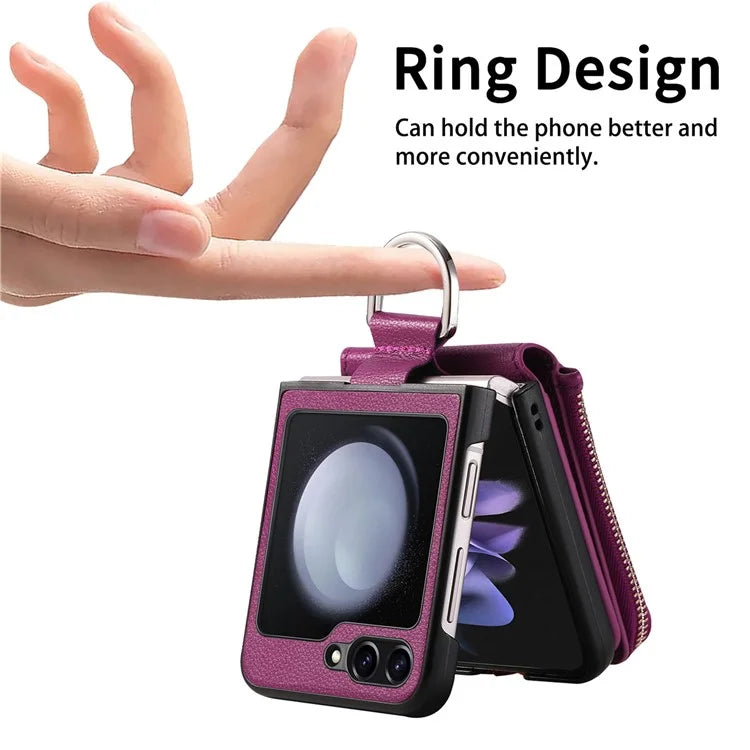 For Samsung Galaxy Z Flip6 5G Case Zipper Pocket Leather+PC Phone Cover with Ring Holder