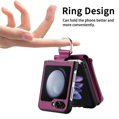 For Samsung Galaxy Z Flip6 5G Case Zipper Pocket Leather+PC Phone Cover with Ring Holder
