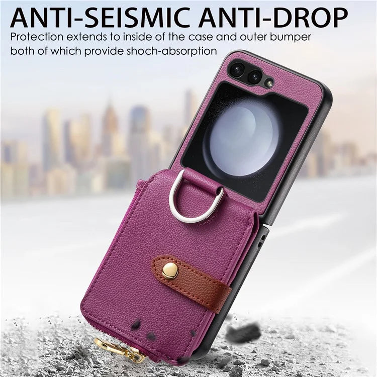 For Samsung Galaxy Z Flip6 5G Case Zipper Pocket Leather+PC Phone Cover with Ring Holder