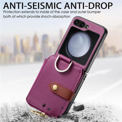 For Samsung Galaxy Z Flip6 5G Case Zipper Pocket Leather+PC Phone Cover with Ring Holder