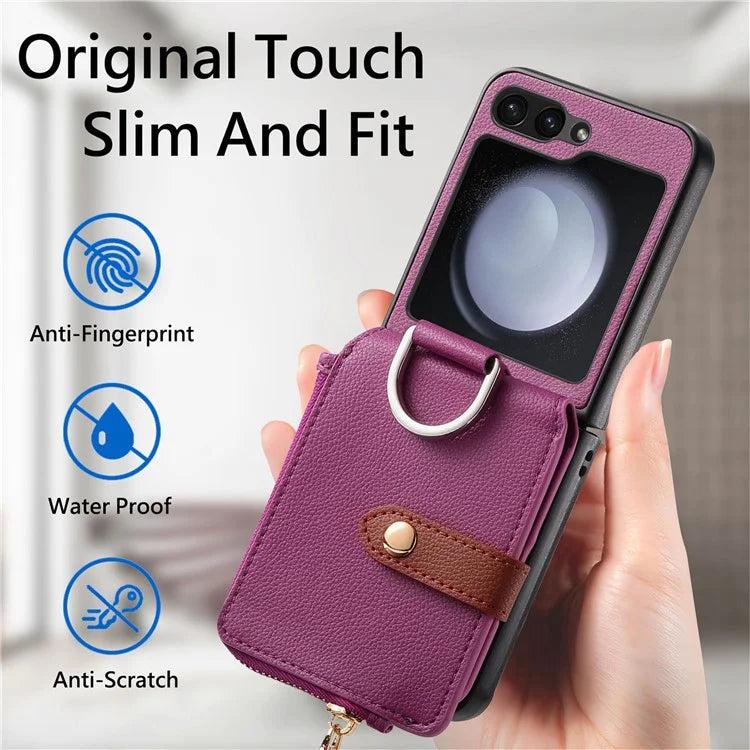 For Samsung Galaxy Z Flip6 5G Case Zipper Pocket Leather+PC Phone Cover with Ring Holder