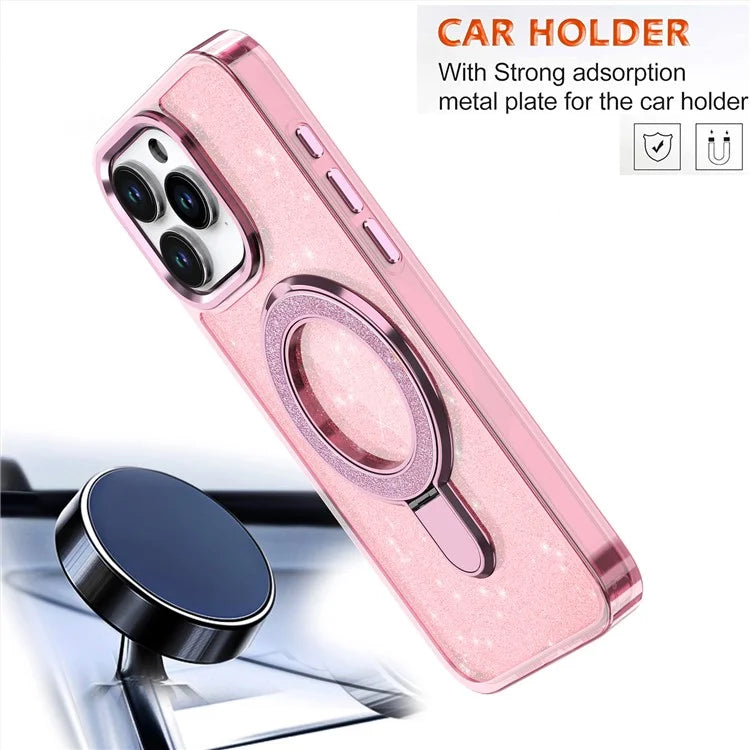 For iPhone 15 Pro Case Glitter Design TPU+PC Kickstand Phone Protector