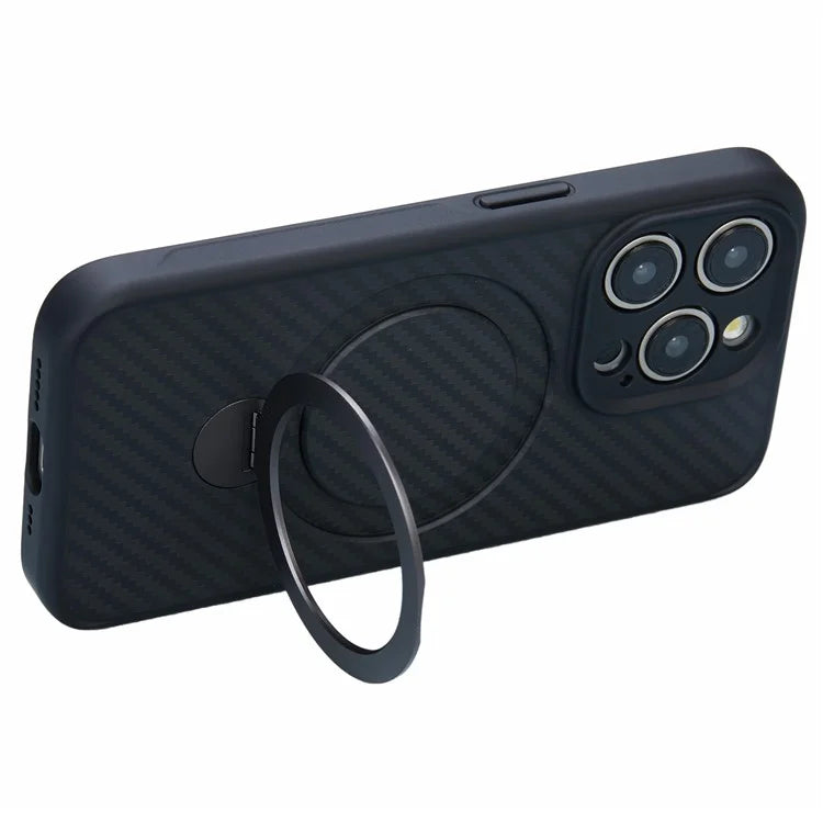 For iPhone 15 Pro Max Case Hidden Magnetic Kickstand TPU+PC Phone Cover with Carbon Fiber Texture