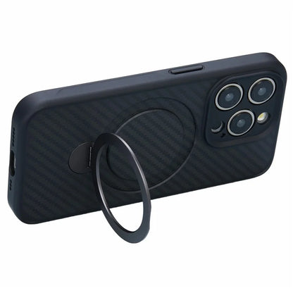 For iPhone 15 Pro Max Case Hidden Magnetic Kickstand TPU+PC Phone Cover with Carbon Fiber Texture