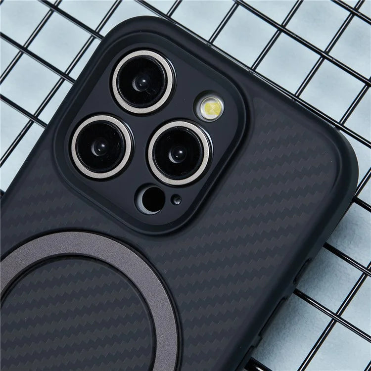 For iPhone 15 Pro Max Case Hidden Magnetic Kickstand TPU+PC Phone Cover with Carbon Fiber Texture