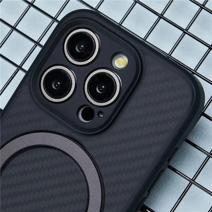 For iPhone 15 Pro Max Case Hidden Magnetic Kickstand TPU+PC Phone Cover with Carbon Fiber Texture