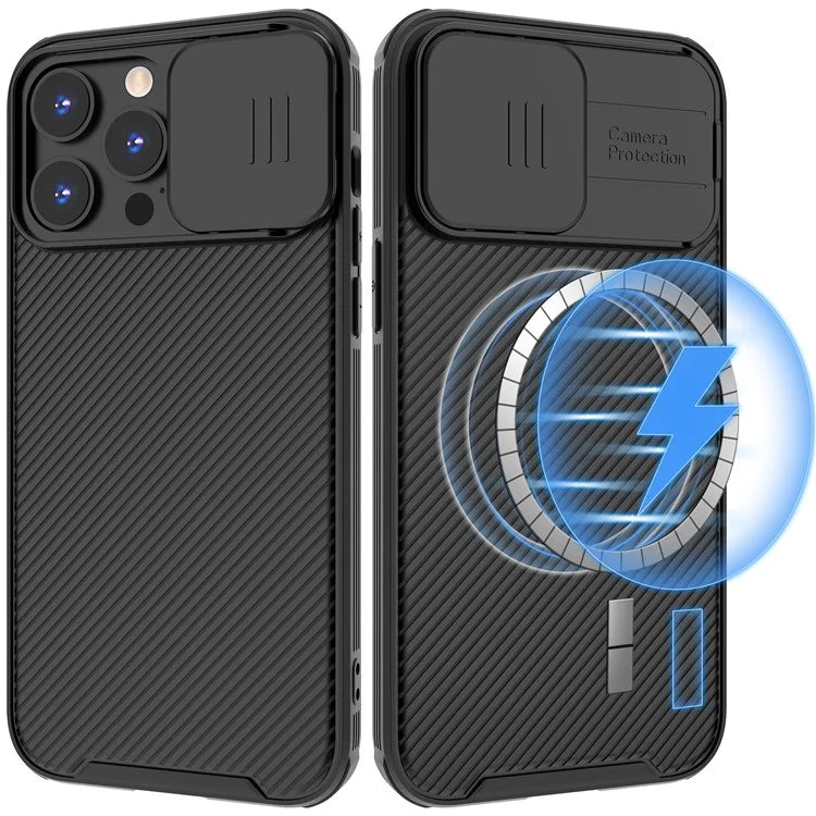 For iPhone 15 Pro Max Case PC+TPU Magnetic Phone Shell with Slide Camera Cover