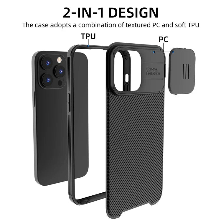 For iPhone 15 Pro Max Case PC+TPU Magnetic Phone Shell with Slide Camera Cover