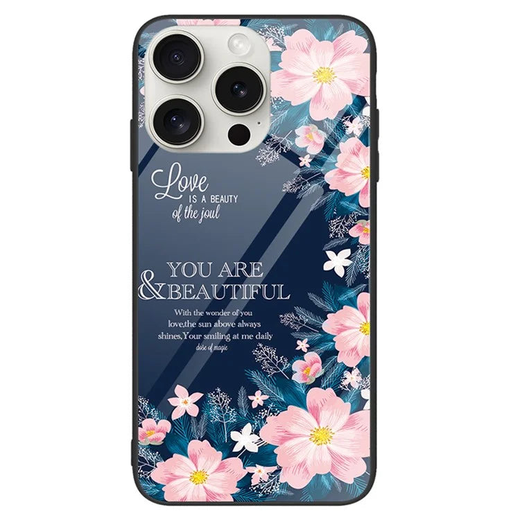 For iPhone 16 Pro Case Pattern Print Tempered Glass+PC+TPU Anti-Drop Phone Cover