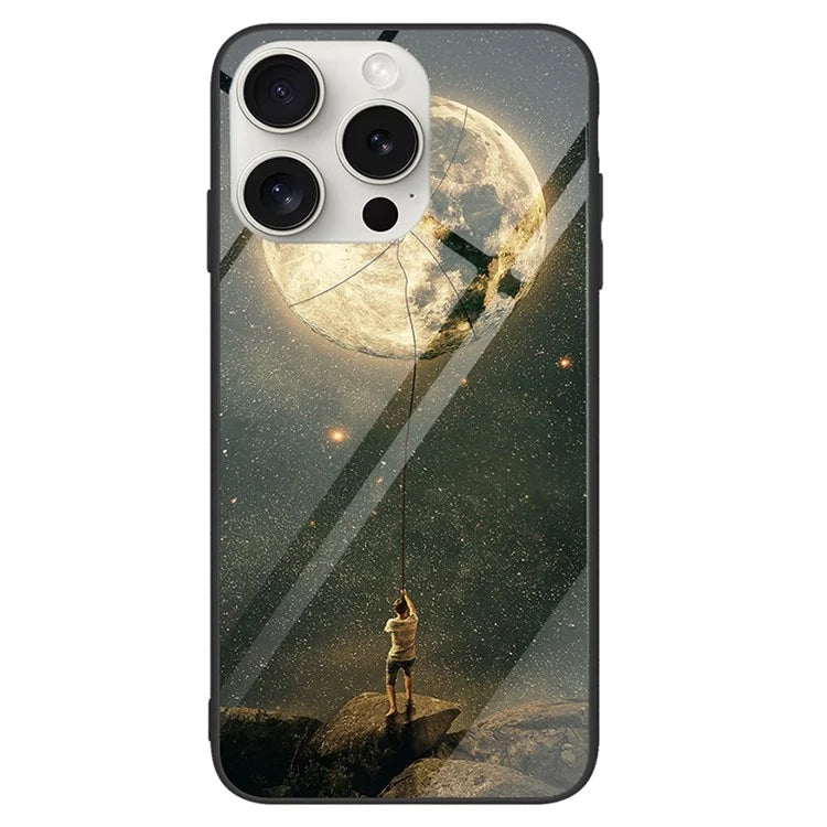 For iPhone 16 Pro Case Pattern Print Tempered Glass+PC+TPU Anti-Drop Phone Cover