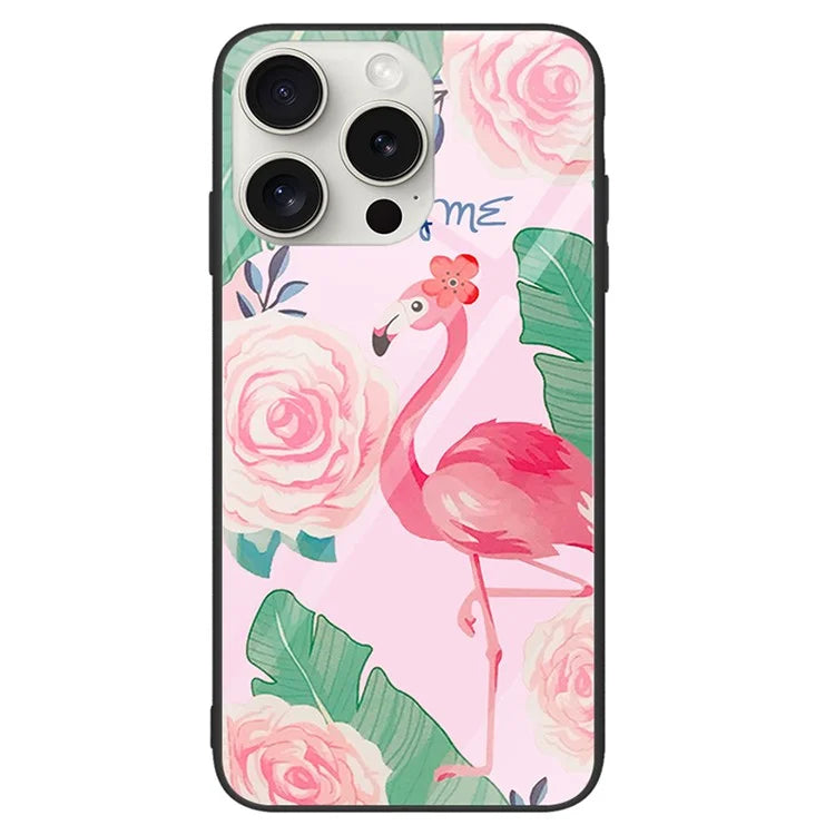 For iPhone 16 Pro Case Pattern Print Tempered Glass+PC+TPU Anti-Drop Phone Cover