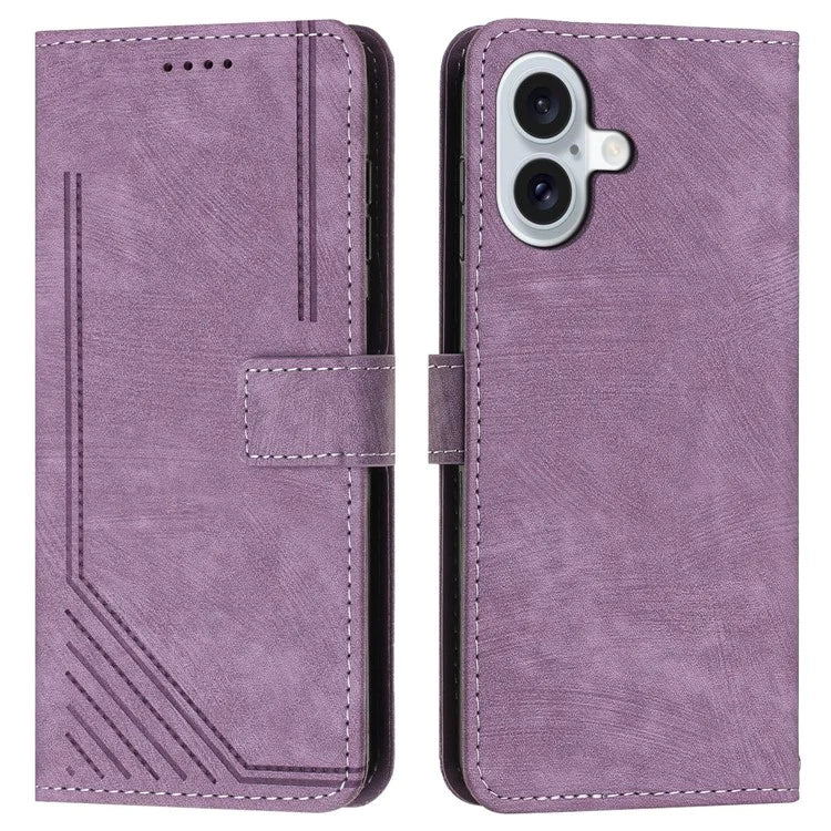For iPhone 16 Case Lines Pattern Leather Phone Cover Card Holder Stand Wrist Strap