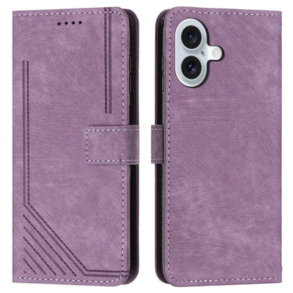 For iPhone 16 Case Lines Pattern Leather Phone Cover Card Holder Stand Wrist Strap