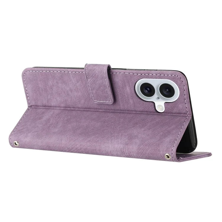 For iPhone 16 Case Lines Pattern Leather Phone Cover Card Holder Stand Wrist Strap