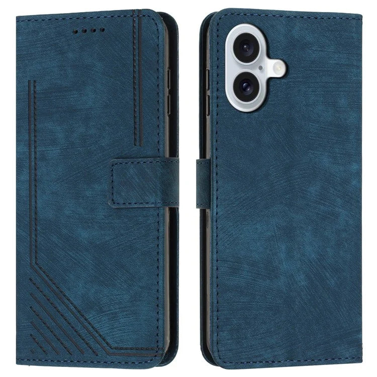 For iPhone 16 Case Lines Pattern Leather Phone Cover Card Holder Stand Wrist Strap