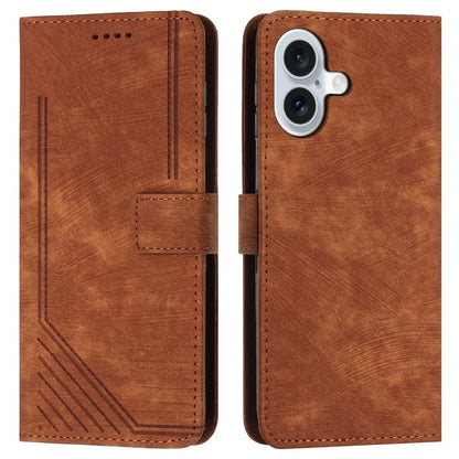 For iPhone 16 Case Lines Pattern Leather Phone Cover Card Holder Stand Wrist Strap