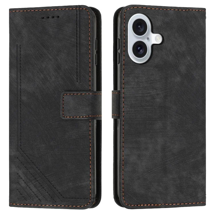 For iPhone 16 Case Lines Pattern Leather Phone Cover Card Holder Stand Wrist Strap