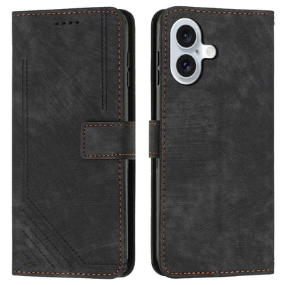 For iPhone 16 Case Lines Pattern Leather Phone Cover Card Holder Stand Wrist Strap