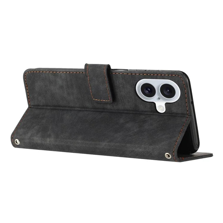 For iPhone 16 Case Lines Pattern Leather Phone Cover Card Holder Stand Wrist Strap
