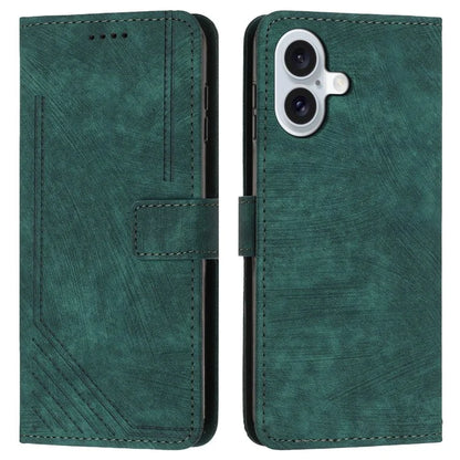 For iPhone 16 Case Lines Pattern Leather Phone Cover Card Holder Stand Wrist Strap