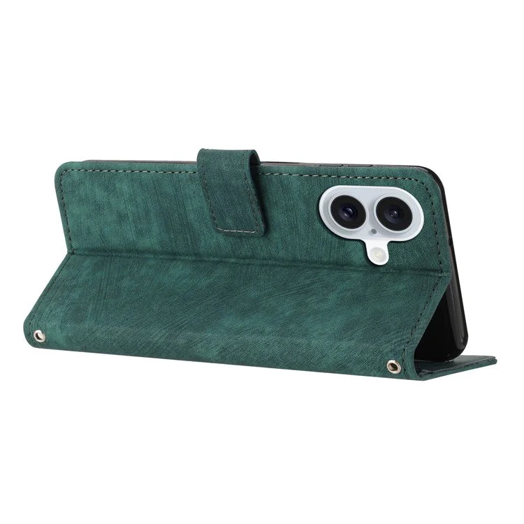For iPhone 16 Case Lines Pattern Leather Phone Cover Card Holder Stand Wrist Strap