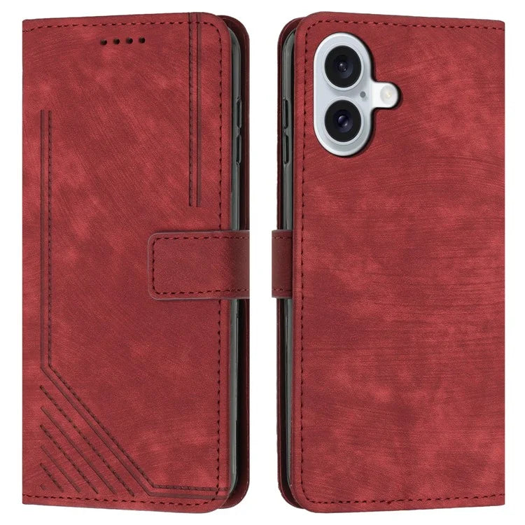 For iPhone 16 Case Lines Pattern Leather Phone Cover Card Holder Stand Wrist Strap