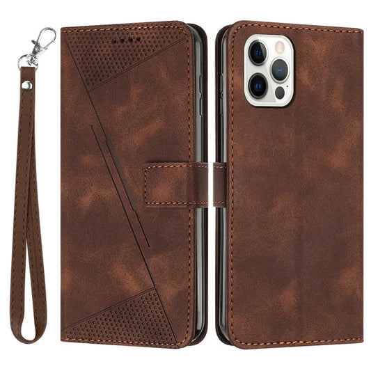 For iPhone 16 Pro Max Case Triangle Pattern PU Leather Phone Cover with Wrist Strap