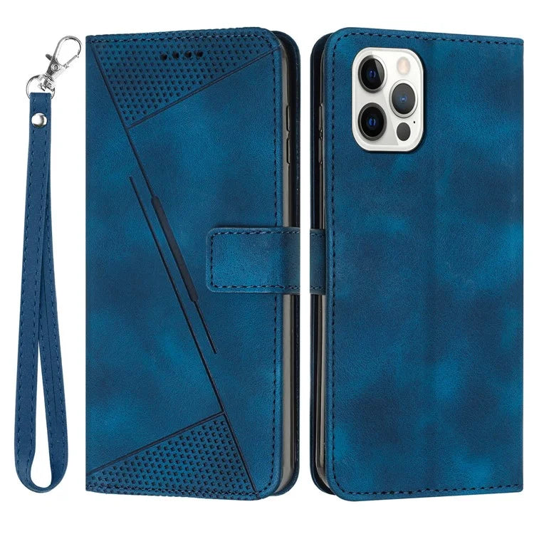 For iPhone 16 Pro Max Case Triangle Pattern PU Leather Phone Cover with Wrist Strap