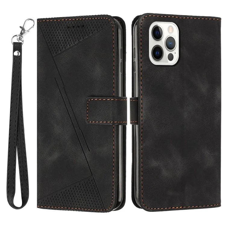 For iPhone 16 Pro Max Case Triangle Pattern PU Leather Phone Cover with Wrist Strap