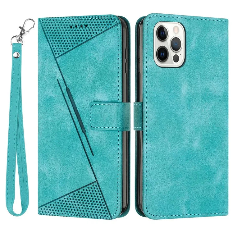 For iPhone 16 Pro Case Triangle Pattern Leather Phone Cover with Hand Strap Card Slots