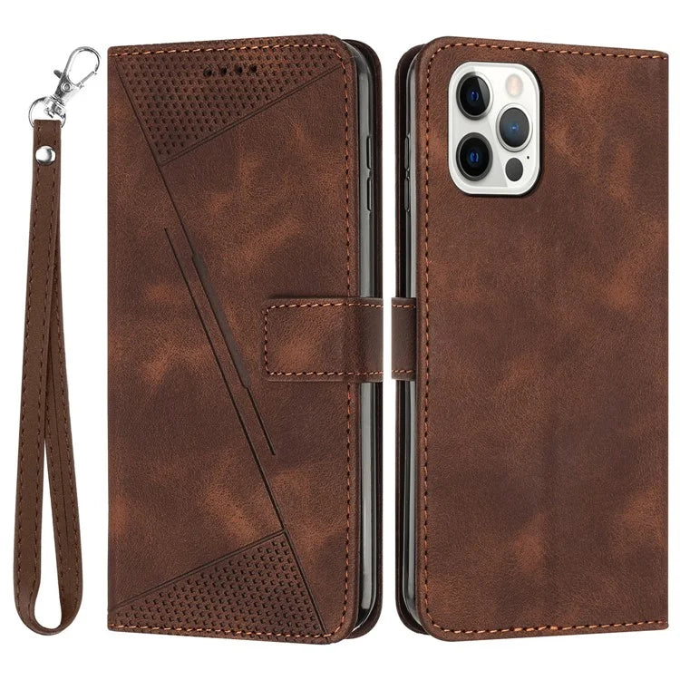 For iPhone 16 Pro Case Triangle Pattern Leather Phone Cover with Hand Strap Card Slots