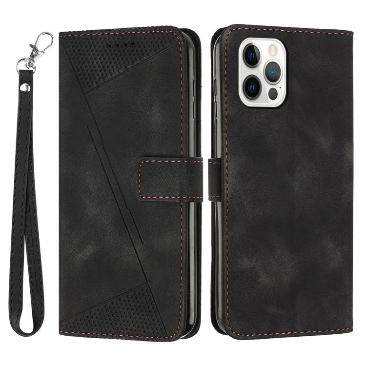 For iPhone 16 Pro Case Triangle Pattern Leather Phone Cover with Hand Strap Card Slots