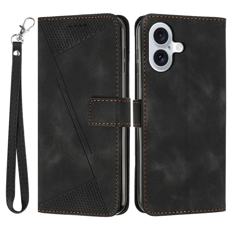 For iPhone 16 Case Triangle Pattern PU Leather+TPU Phone Cover Phone Cover Hand Strap Stand