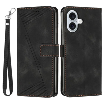 For iPhone 16 Case Triangle Pattern PU Leather+TPU Phone Cover Phone Cover Hand Strap Stand