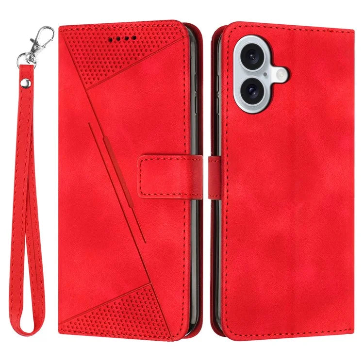For iPhone 16 Case Triangle Pattern PU Leather+TPU Phone Cover Phone Cover Hand Strap Stand