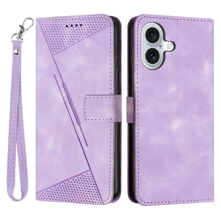For iPhone 16 Case Triangle Pattern PU Leather+TPU Phone Cover Phone Cover Hand Strap Stand