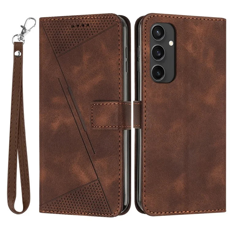 For Samsung Galaxy S24 FE Case Triangle Pattern Leather Phone Cover 3 Card Holder with Strap