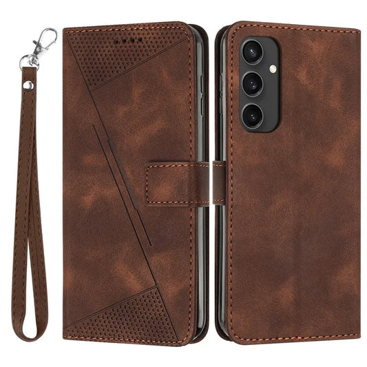 For Samsung Galaxy S24 FE Case Triangle Pattern Leather Phone Cover 3 Card Holder with Strap