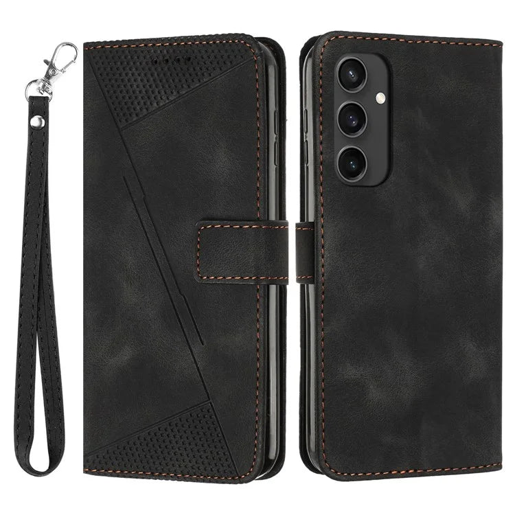For Samsung Galaxy S24 FE Case Triangle Pattern Leather Phone Cover 3 Card Holder with Strap