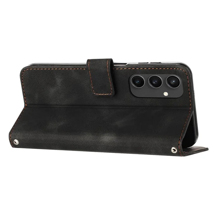 For Samsung Galaxy S24 FE Case Triangle Pattern Leather Phone Cover 3 Card Holder with Strap