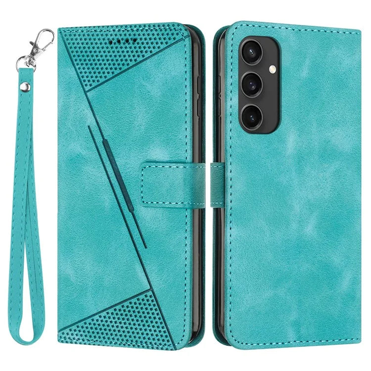 For Samsung Galaxy S24 FE Case Triangle Pattern Leather Phone Cover 3 Card Holder with Strap