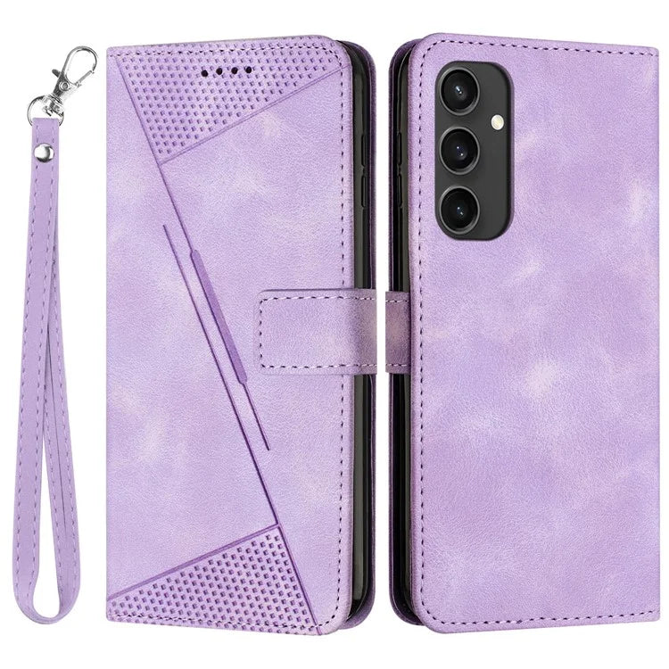For Samsung Galaxy S24 FE Case Triangle Pattern Leather Phone Cover 3 Card Holder with Strap