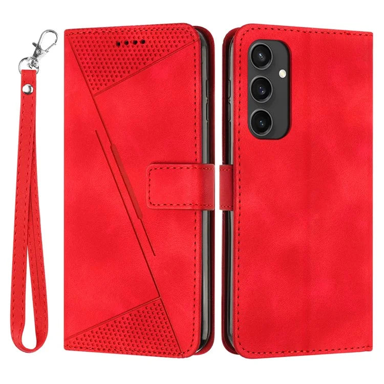 For Samsung Galaxy S24 FE Case Triangle Pattern Leather Phone Cover 3 Card Holder with Strap