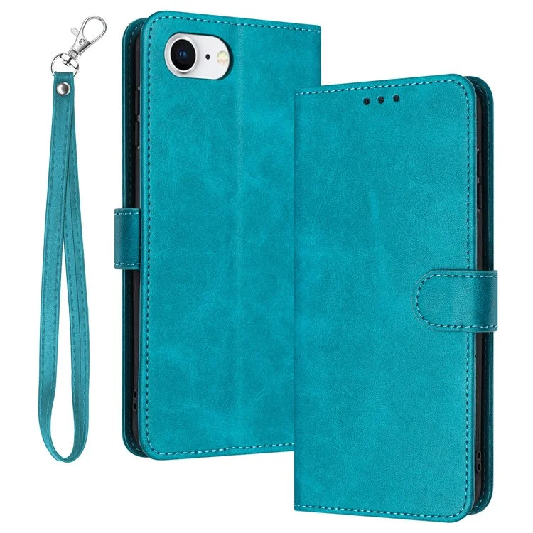 For iPhone SE (2024) Case Calf Texture Leather Wallet Shockproof Flip Cover with Hand Strap